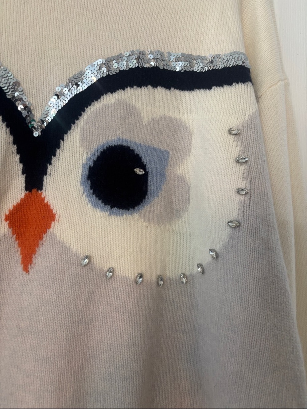 Kate Spade Hoot Embellished Owl Wool Blend Sweater in Ivory and Gray Size Large - Picture 5 of 7